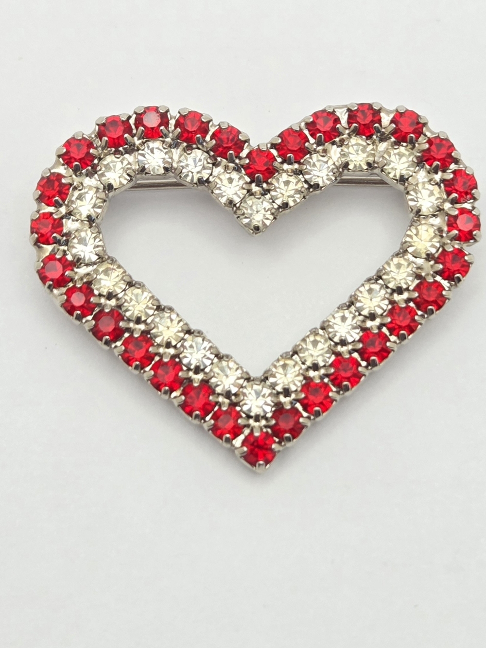 Vintage BAUER Red Clear Rhinestone Open Heart Brooch Pin Silver Tone